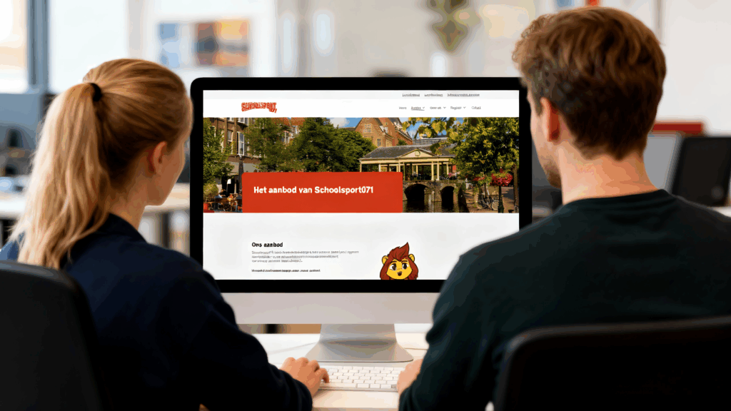 Twee mensen die kijken naar de homepagina van de nieuwe website van Schoolsport071